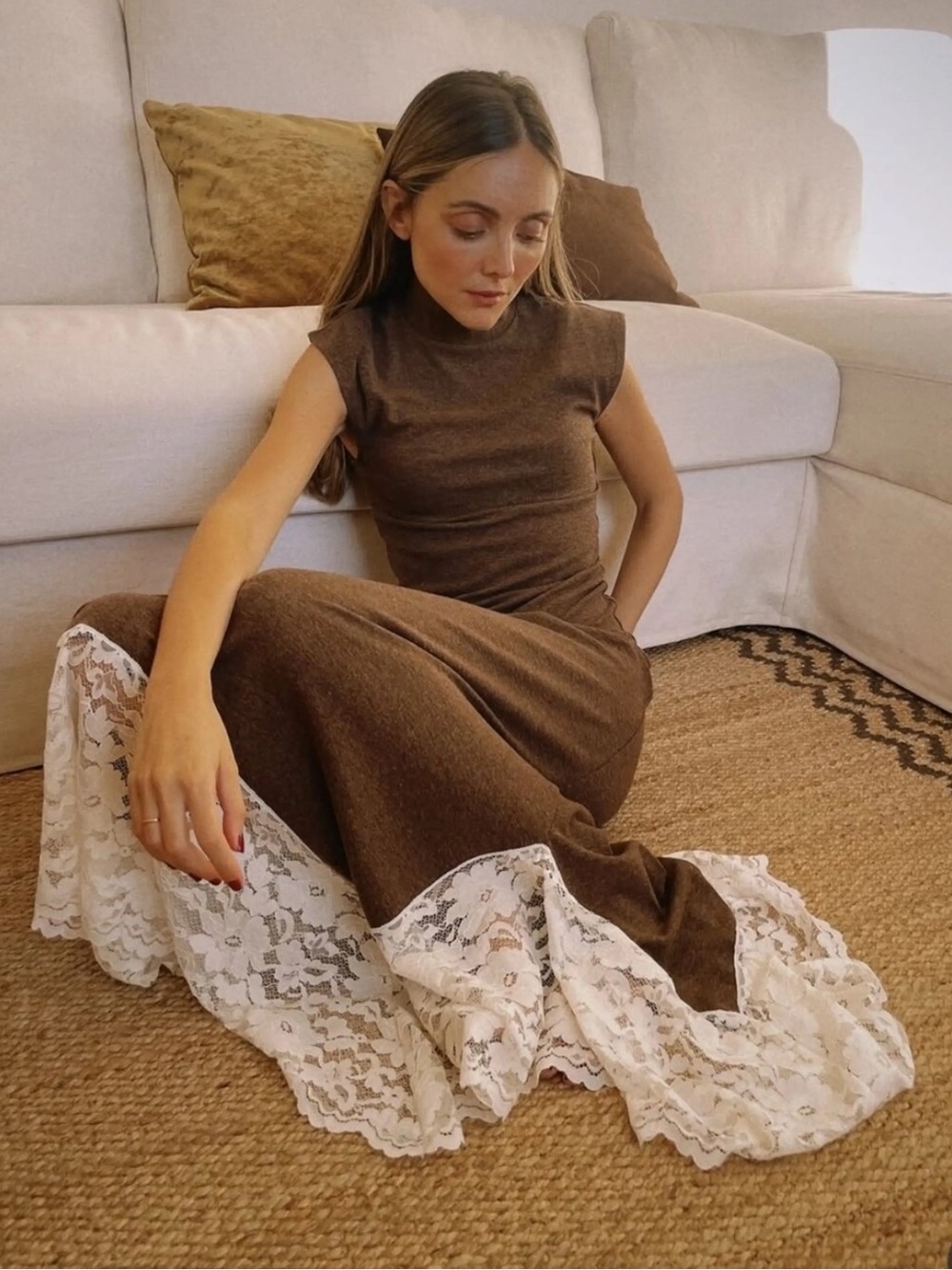 Zara Brown Knit Lace Trim Maxi Dress – Size Small